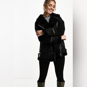 Black Faux Suede and Fur Coat
